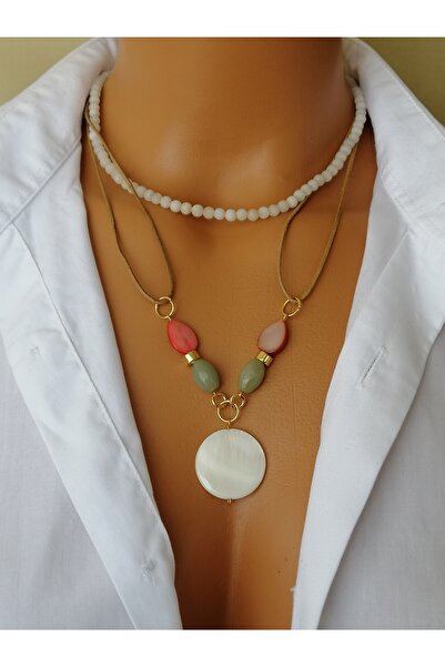 LemaStone Mercan Taşı Ve Sedef Ve Yeşil Aventurin Doğal Taşlı Deri Kolye 2 Ad...