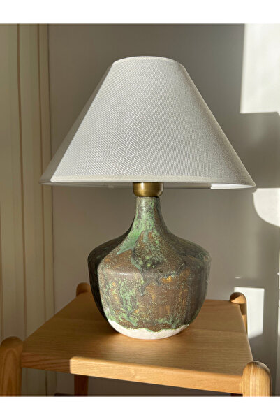 Bienohome Sanatsal Dokulu Seramik Abajur- Kumaş Abajurlu Rustik Yatak Odası Oturma Odası Dekoratif Aydınlatma