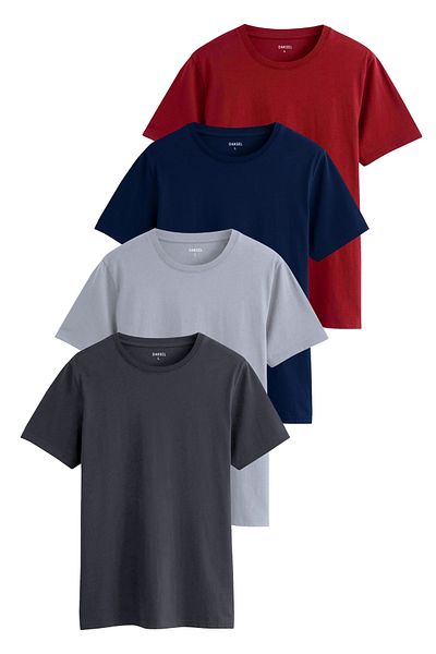 DK DAKSEL Men's Gray Navy Red Smoked Color Basic Cut Crew Neck 100% Cotton 4-Piece T-Shirts Pack