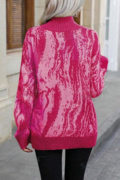 Mossta Pink Turtleneck Print Long Sleeve Knitwear Blouse