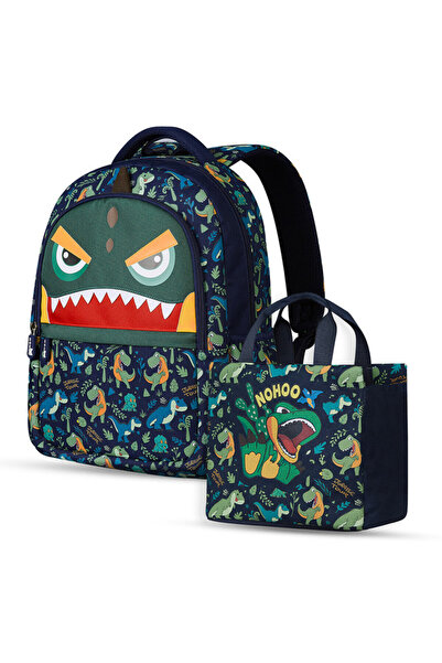 Nohoo حقيبة مدرسية للأطفال مقاس 16 بوصة مع حقيبة يد كومبو دينو - أخضر
