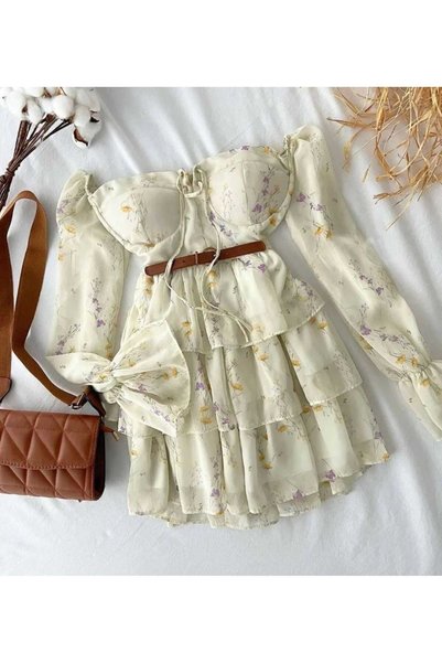 MODA DURAĞI Minimal Floral Pattern Chiffon Dress