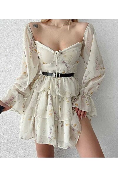 MODA DURAĞI Minimal Floral Pattern Chiffon Dress