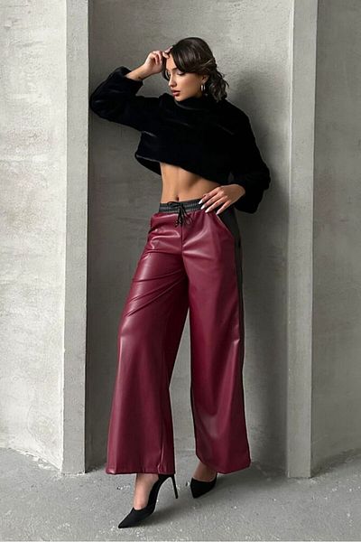369 etnik butik Black Burgundy Faux Leather Trousers