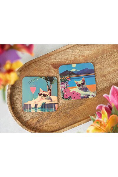 arslart قواعد أكواب خشبية بنمط قطة على الطراز القديم - مجموعة من 4 قطع، تصميم...