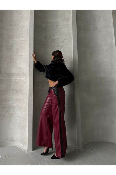 369 etnik butik Black Burgundy Faux Leather Trousers