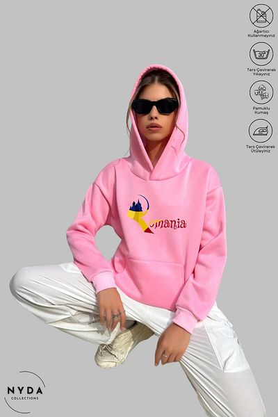Nyda Collections Unisex μακρυμάνικο φούτερ με κουκούλα Ρουμανίας με στάμπα με κουκούλα Oversize βαμβακερό φούτερ