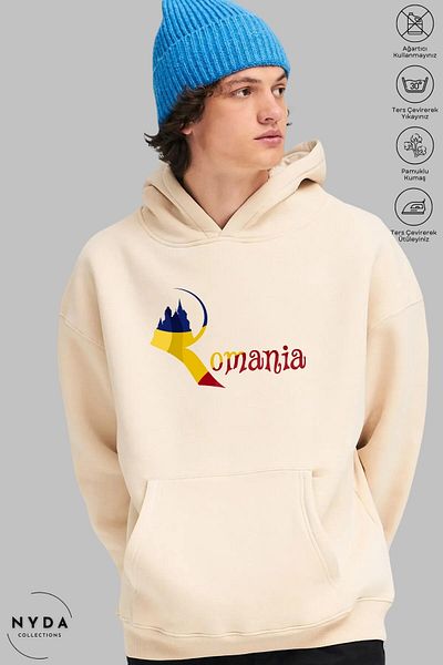 Nyda Collections Unisex μακρυμάνικο φούτερ με κουκούλα Ρουμανίας με στάμπα με κουκούλα Oversize βαμβακερό φούτερ