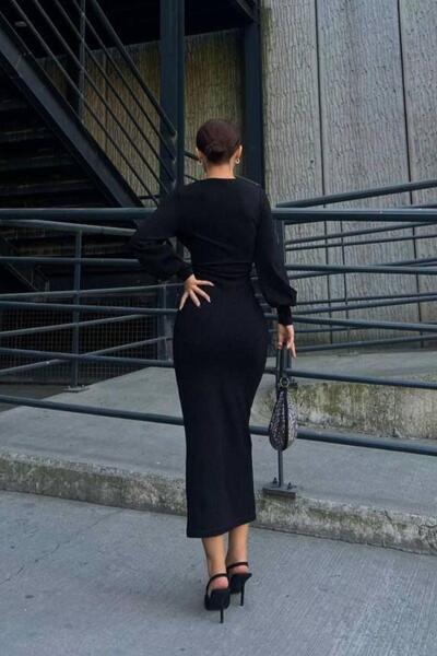 Mossta Double Breasted Neckline Long Sleeve Silvery Midi Dress Black