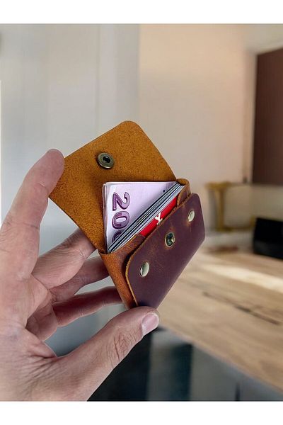 TeriArte Genuine Leather Palm Card Holder, Real Leather Minimal Card Holder, Single Snap Wallet, Unisex Card Holder