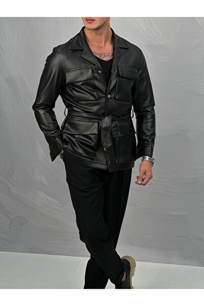 MODEFENDİ Erkek Siyah Torba Cep Kemer Detaylı Deri Mont