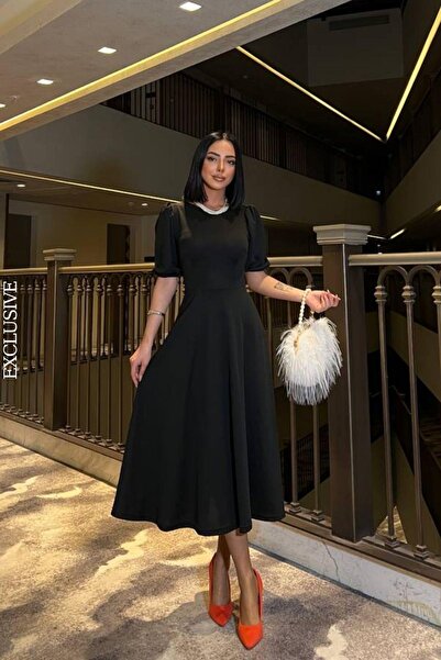 Mossta Μαύρο κρεπ μίντι φόρεμα - Μανίκια με μπαλόνι και λεπτομέρεια