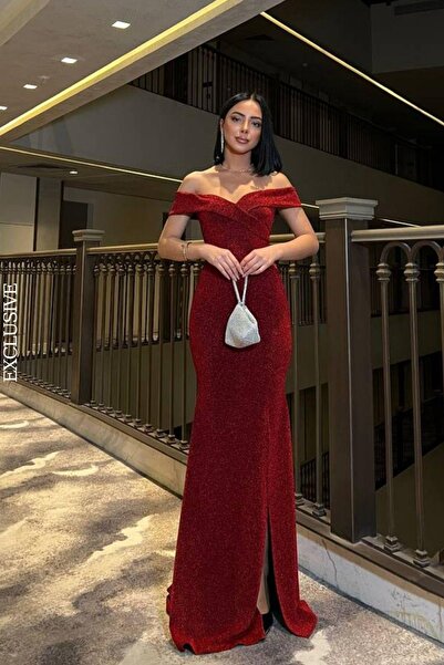 Mossta Burgundy Glitter Madonna Neckline Long Slit Evening Dress