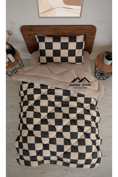 Sudem Home Collection Single Double Sided Plush Welsoft Quilt and Pillow Case Fluffy Fleece Quilt Beige Checkers