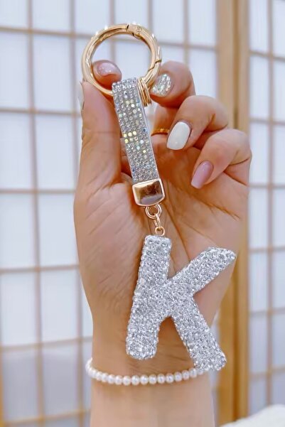 MAZEN K Harfi Beyaz Taşlı Harf Anahtarlık, Çanta Charmı VIP Seri