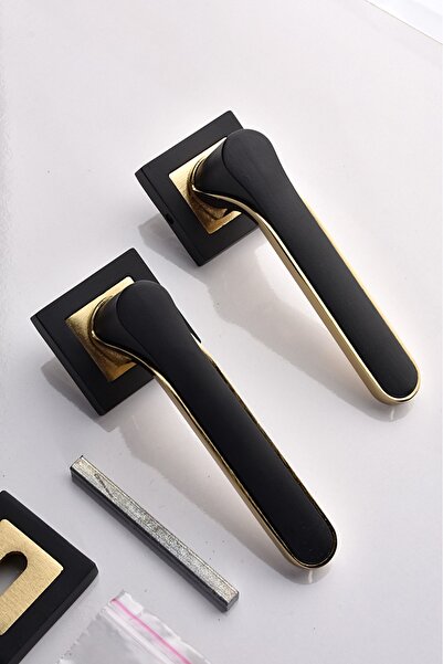 ararsanburada Kare Rozetli Siyah-gold Oda Kapı Kolu 1 Takım (ÖN VE ARKA)