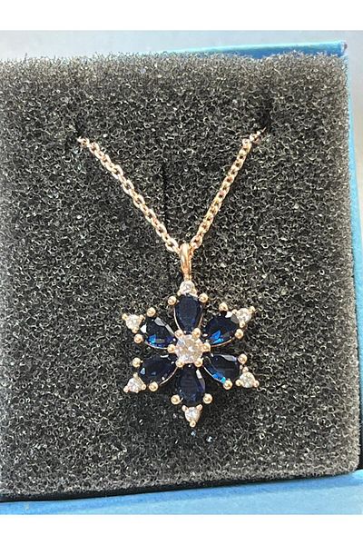 Bilsen Store Rose Plated Blue Drop Stone Lotus Camellia Flower Necklace