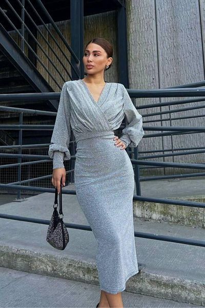 Mossta Gray Lurex Long Sleeve Midi Dress - Double Breasted Neckline