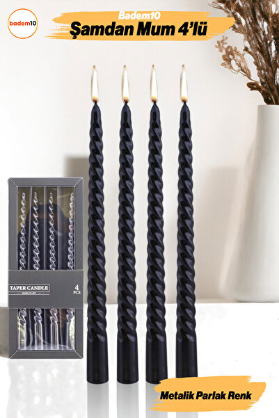 Badem10 Şamdan Mum Burgulu 4'lü Metalik Boya Siyah Dekoratif Mumu Kandil Hedi...