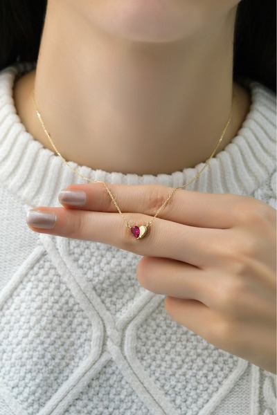 aytekgold Yakut Taşlı Kalp Kolye 14 Ayar