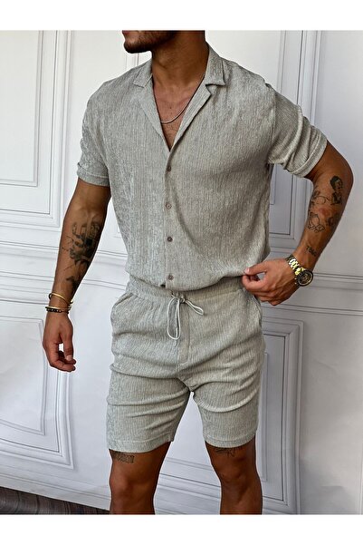 MODEFENDİ طقم قميص قطني رمادي اللون من القماش المجعد للرجال + شورت