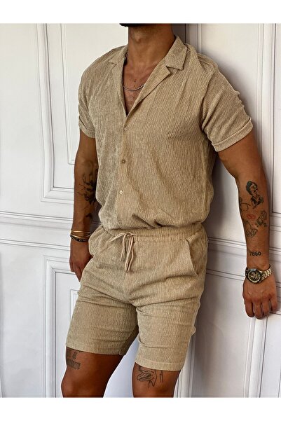 MODEFENDİ Men's Mink Crinkle Fabric Cotton Shirt + Shorts Set
