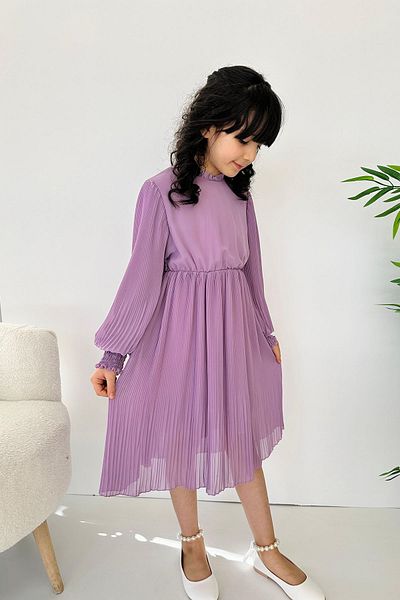 Minigimin Cicileri Flowers of My Toddler Pleat Tulle Lined Girl's Dress - Lilac