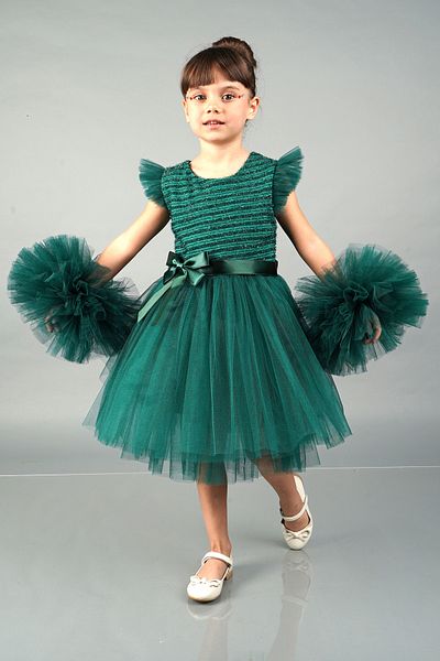 Delfini kids Pompom Sleeves Tulle Party and Birthday Evening Dress