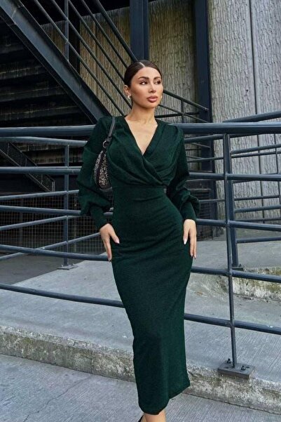 Mossta Μίντι φόρεμα σε χακί χρώμα με λάμψη - Διπλό λαιμόκοψη, μακρύ μανίκι