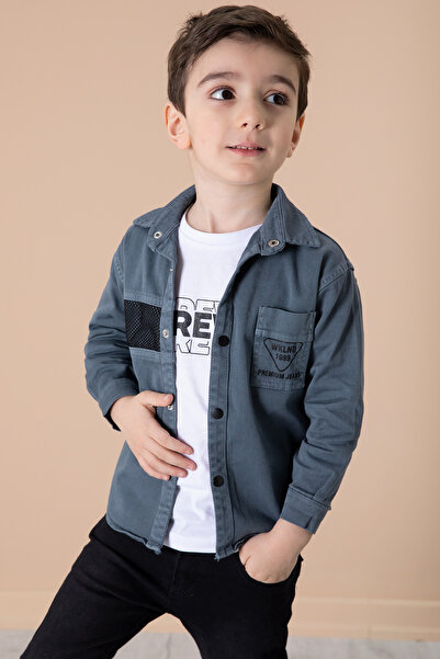 Cansın Mini Boy's Anthracite Crew Writing T-Shirt and Mesh Detail Shirt 2-Piece Suit 20084
