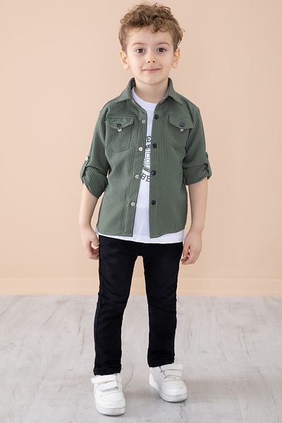 Cansın Mini Khaki Boy's 3-Piece Bottom Top Set with Snap Shirt Pants 20261
