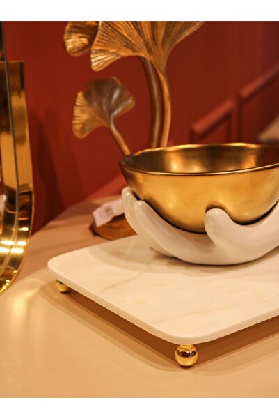 FARALYAHOME Mermer 30x20 Cm Gold Boncuk Ayaklı Sunum Tepsisi
