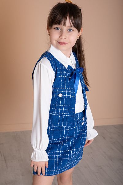 Cansın Mini Saks Blue Girl's 3-Piece Set - Bow Detailed Vest and Shorts Skirt 20316