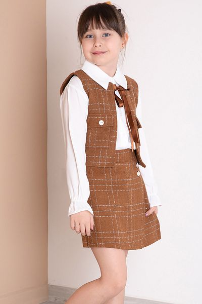Cansın Mini Brown Bow Vest, Button Detailed Shorts and Skirt, Girl's 3-Piece Set 20317