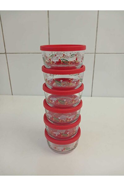 LAV Feyzade Round Flower Patterned Red Lid 6 Pieces 380Cc Storage Container