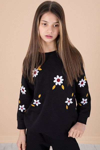 Cansın Mini Black Floral Embroidered Badi Wide Leg Girl's Tracksuit Set