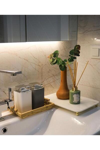 FARALYAHOME حامل منظم للحمام من الرخام الأبيض مقاس 30 × 20 سم - خرز ذهبي