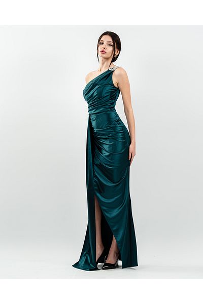 maf collection Γυναικείο Μαύρο Αξεσουάρ ώμου Σατέν Μακρύ Βραδινό Φόρεμα