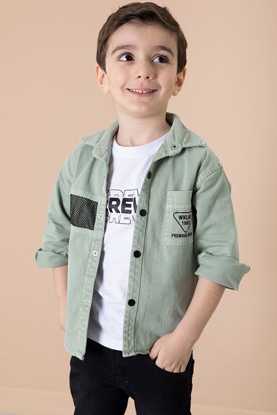 Cansın Mini Boy's Green Crew Shirt 2-Piece Set - T-Shirt and Mesh Detail 20085