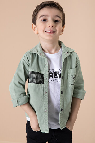 Cansın Mini Boy's Green Crew Shirt 2-Piece Set - T-Shirt and Mesh Detail 20085