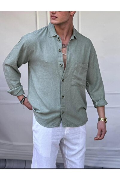 MODEFENDİ Erkek Yeşil %100 Ham Keten Oversize Kesim Tek Cep Detaylı Yazlık Gö...