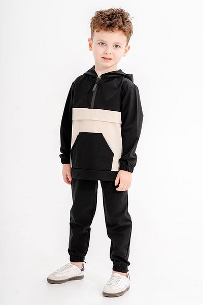 Cansın Mini Black Kangaroo Pocket Hooded Boys' Parachute Tracksuit Set