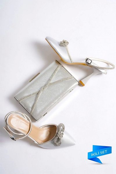 Moda Değirmeni Gray Satin Women's Jewelled Bow Evening Shoes and Evening Bag Set BG1112-121-0002