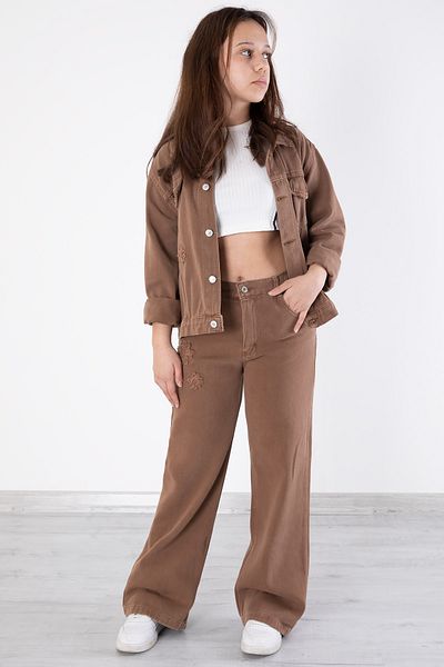 Cansın Mini Brown Embroidery Detailed Jean Pant and Jacket Girls' Suit 20364