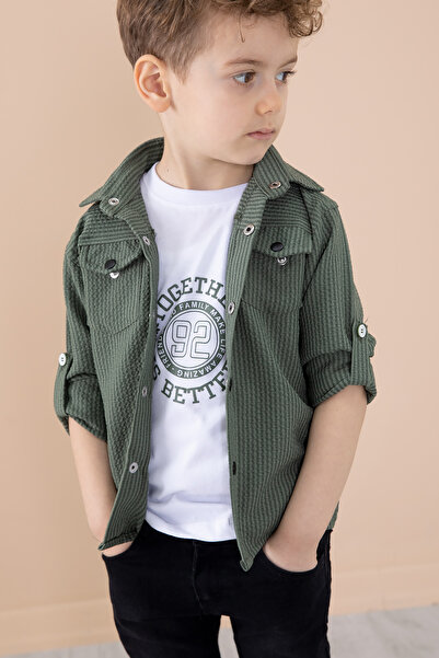 Cansın Mini Khaki Boy's 3-Piece Bottom Top Set with Snap Shirt Pants 20261