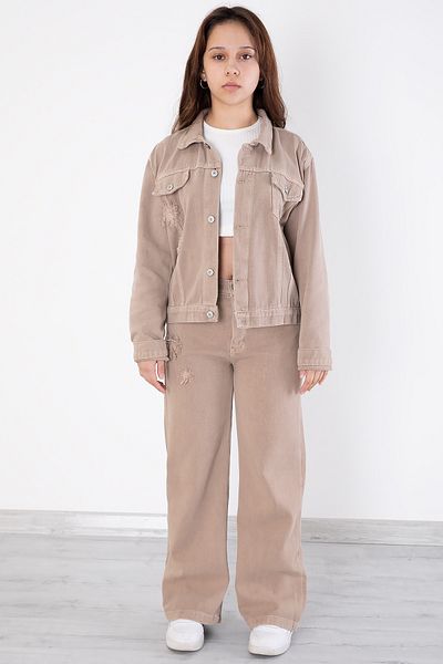 Cansın Mini Beige Embroidery Detailed Girl's Suit with Jean Trousers and Jacket 20363