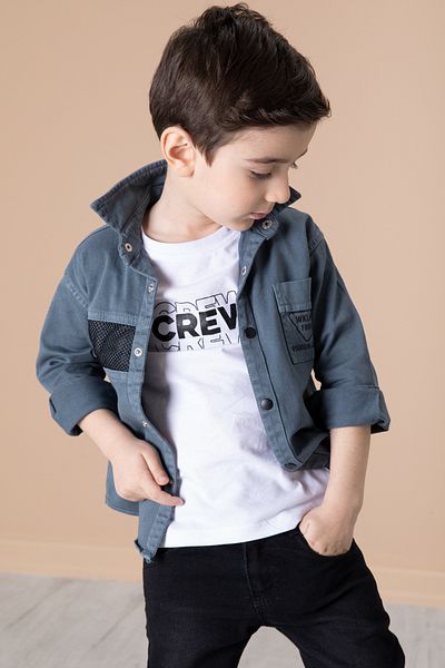 Cansın Mini Boy's Anthracite Crew Writing T-Shirt and Mesh Detail Shirt 2-Piece Suit 20084