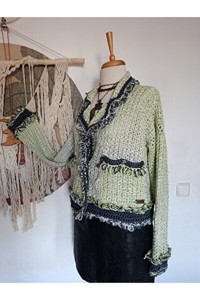 Hippybutik El Örgüsü Ceket Tüvit Dokuma Görünümlü Yün İpten Astarsız Smart Of...