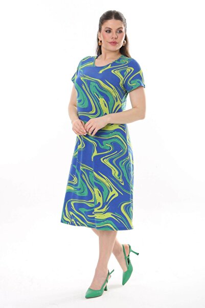 Mooi XXL Women's Blue Green Marbling Pattern Midi Dress
