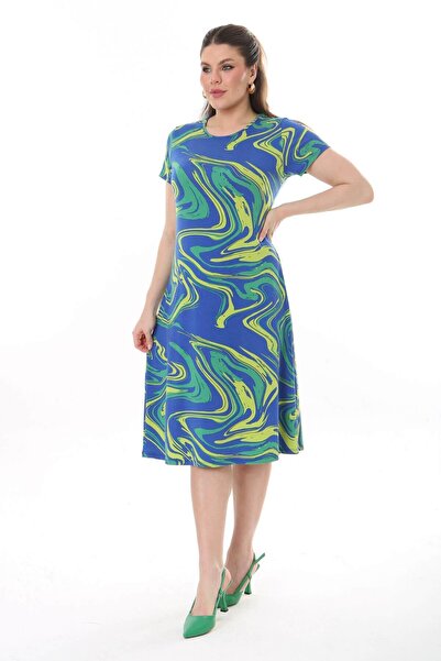 Mooi XXL Women's Blue Green Marbling Pattern Midi Dress